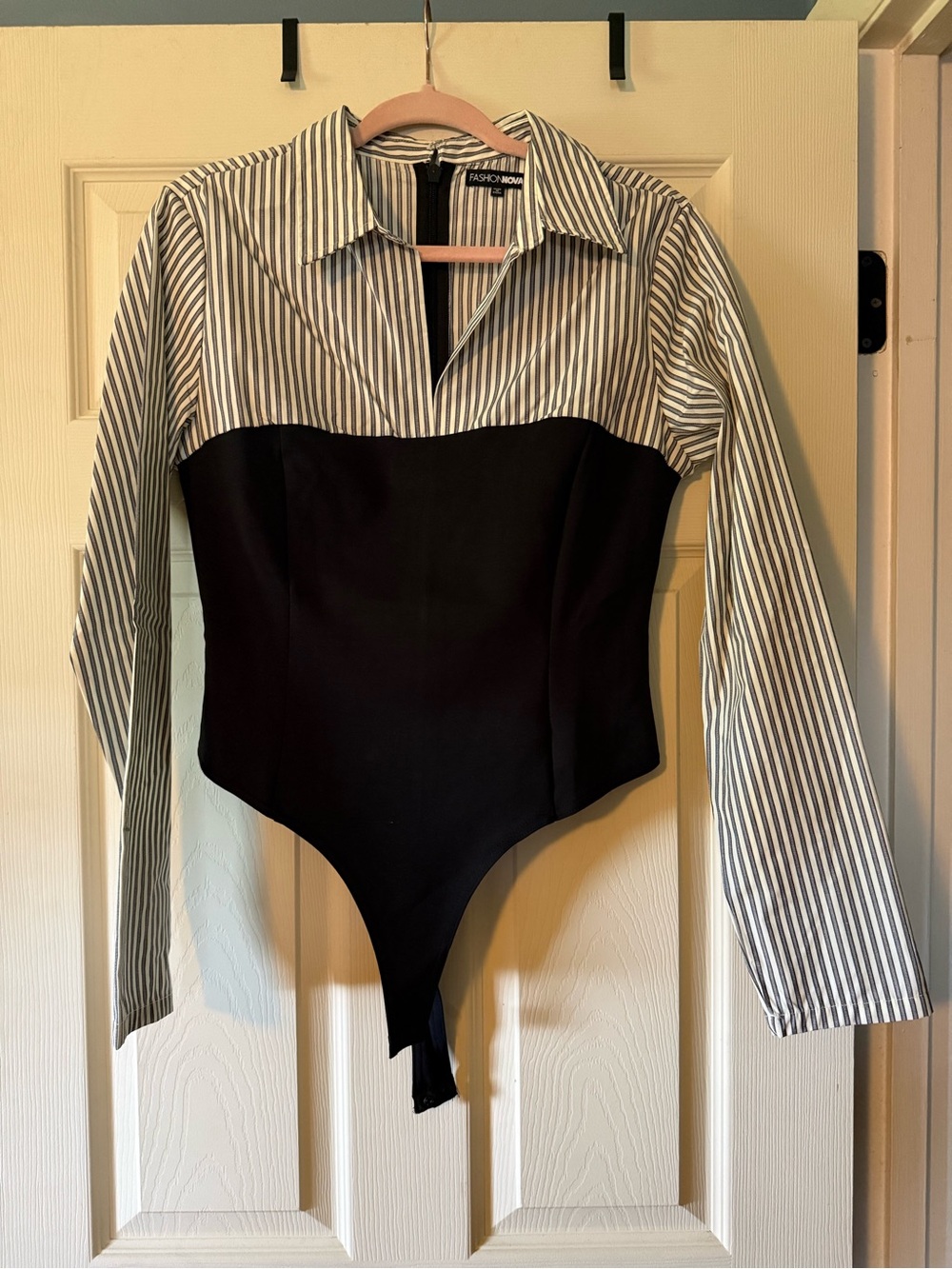 Fashion Nova | “No Filter Needed” Black & White Pinstripe Bodysuit | Size: L